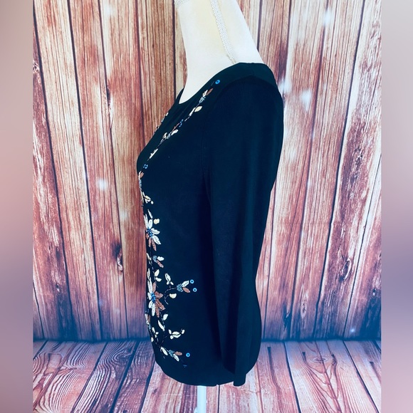 Women’s Small Blouse Lucia Burns Black Floral Embroidery Bead Sequin 3/4 Sleeve - Picture 9 of 12